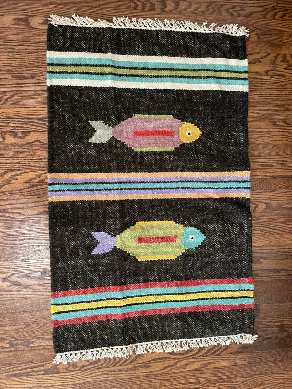 Woven 2x3 Fish Motifs Accent Kilim Rug Black Multicolor Striped with Fringe